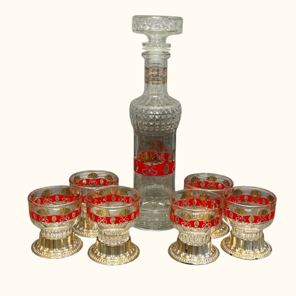 Vintage MCM Italian Style Decanter & 6 Cordial Glasses Set - Red & Gold